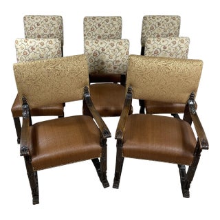 Gothic Style Dining Chairs With Woven Leather Seats and Damask Fabric Backs- Set of 8 For Sale