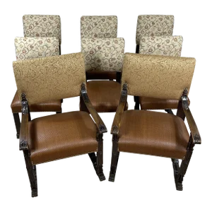 Gothic Style Dining Chairs With Woven Leather Seats and Damask Fabric Backs- Set of 8