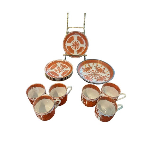 Vintage Japanese Tea Set With Decorative Bowl in Orange and GoldGilded
