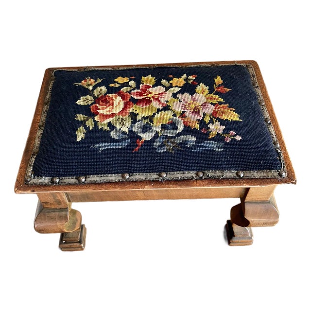 19th Century Antique Walnut Footstool With Floral Needlepoint Cushion For Sale
