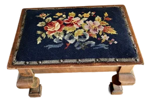 19th Century Antique Walnut Footstool With Floral Needlepoint Cushion