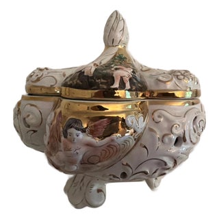 Capodimonte Vintage Bernini Footed Porcelain Bowl Gilded With Cherubs For Sale