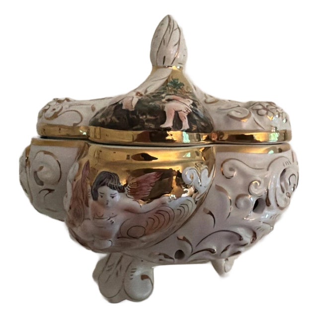Capodimonte Vintage Bernini Footed Porcelain Bowl Gilded With Cherubs For Sale