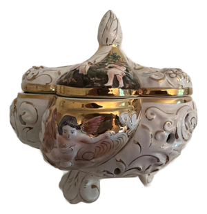 Capodimonte Vintage Bernini Footed Porcelain Bowl Gilded With Cherubs