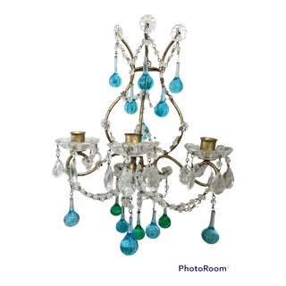 Vintage Blue and Green Glass Candle Sconce For Sale