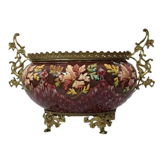 Late 19th Century French Majolica Jardinière With Bronze Dragon Handles For Sale