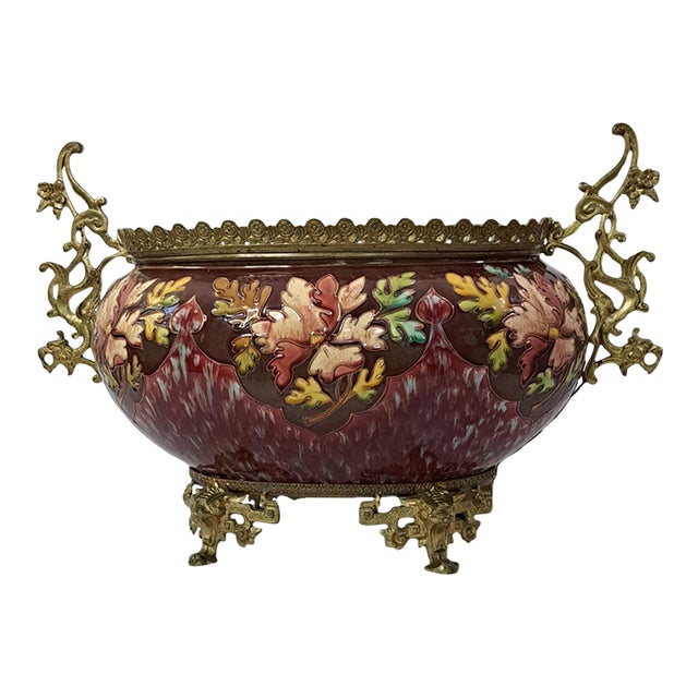 Late 19th Century French Majolica Jardinière With Bronze Dragon Handles For Sale