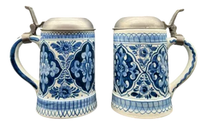 Antique Hand-Painted Beer Mugs with Pewter Lids from Royal Delft, 1920, Set of 2
