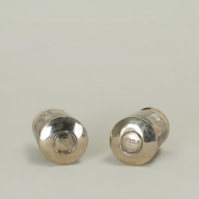 1960s Mid Century Silver Plate and Mother of Pearl Salt and Pepper Shaker With Tray For Sale - Image 5 of 8