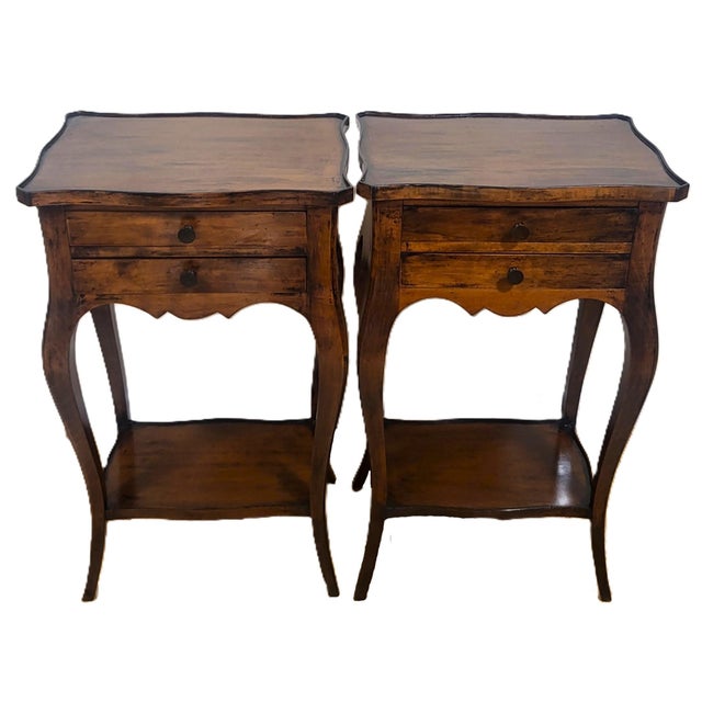 French Provincial Pair Vintage Louis XV French Style Walnut Two Drawer Side Table Nightands For Sale - Image 3 of 11
