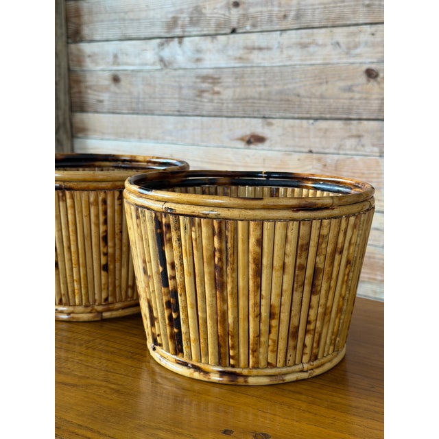 Pair of Vintage Tortoiseshell Bamboo Cache Pots or Planters For Sale In Naples, FL - Image 6 of 11
