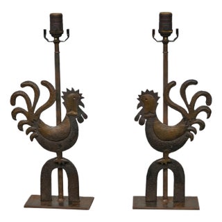 Early 20th Century Rustic French Wrought Iron Rooster Table Lamps on Custom Lucite Bases - a Pair For Sale