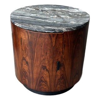 Harvey Probber Style Rosewood Drum Side Table / Bar Cabinet With Silver Wave Marble Top For Sale