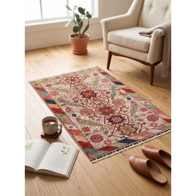 A hand-knotted area rug in the Mamluk design, woven on a soft ivory ground with madder red, sage green, gold and indigo....