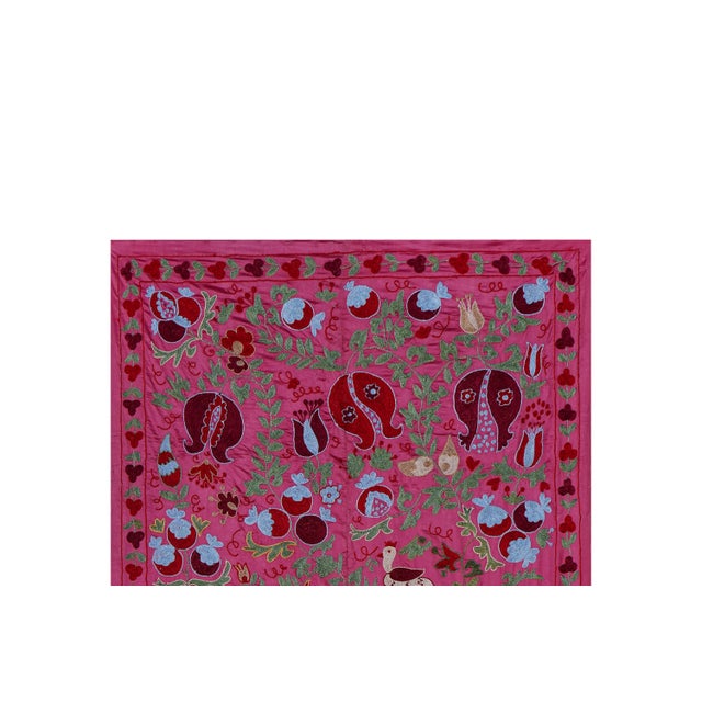 1960s Pink Uzbek Suzani Wall Hanging – Pomegranate & Animal Motif Embroidered Textile 3'5'' X 6' For Sale - Image 5 of 13