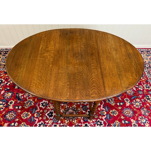 Antique English Large Table Drop Leaf Gateleg Barley Twist Oak Oval C. 1920-30s For Sale - Image 16 of 18