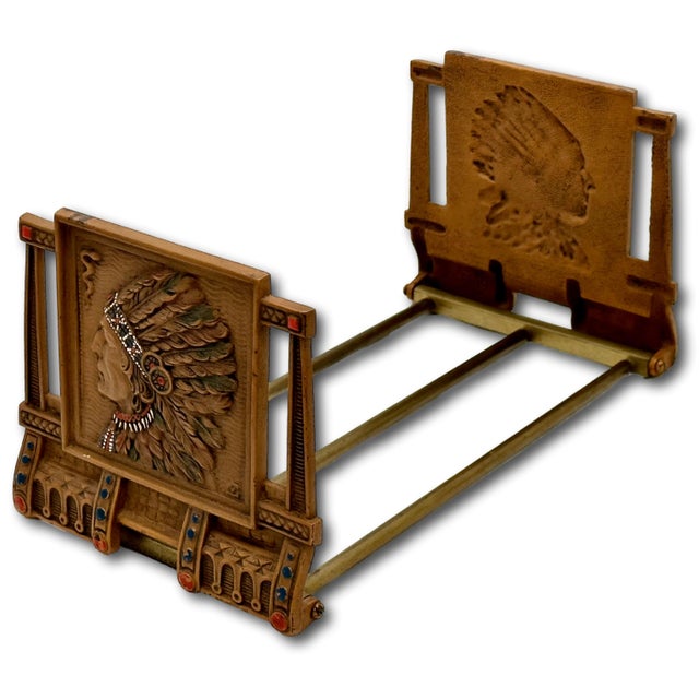 Unusual Antique 1910s Cast Iron American Indian Motif Telescoping Adjustable Size Bookend Rack With Nice Original Paint For Sale - Image 13 of 18
