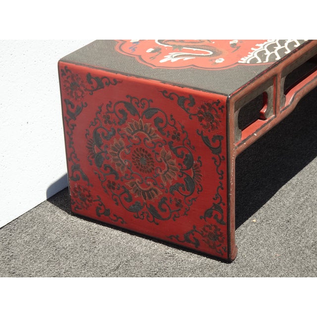 Vintage Chinese Asian Red Dragon Motif Bench ~ Coffee Table For Sale - Image 12 of 15