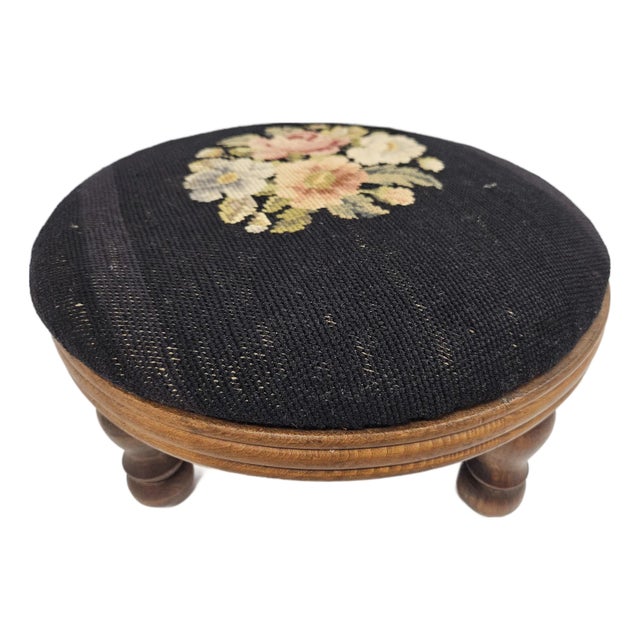 Round Needlepoint Victorian Footstool For Sale
