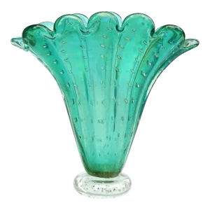 Vintage Murano Green Iridescent Gold Flecks Bubbles Italian Art Glass Fan Shape Scalloped Rim Flower Vase