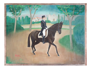 Rosa Torras, Equestrian Rider in Landscape, 1950s, Oil on Board