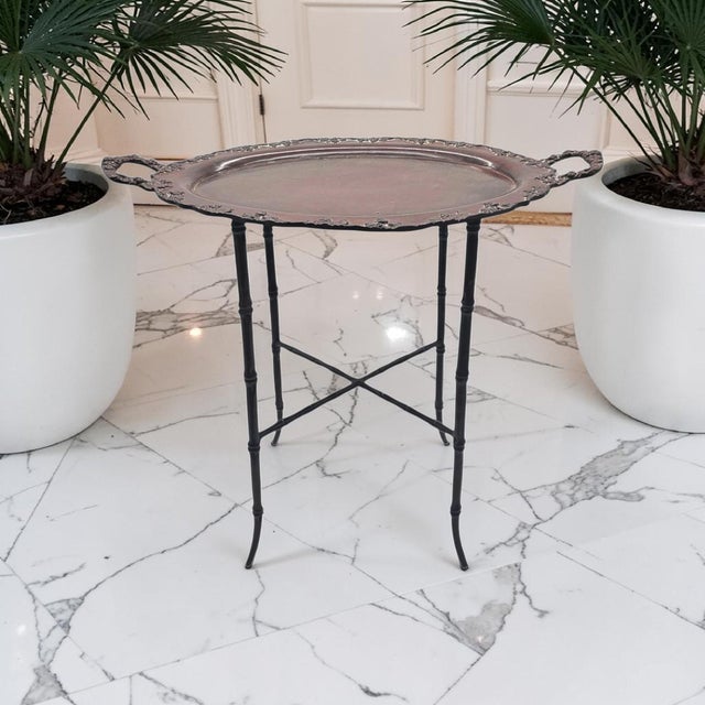 Vintage Maitland-Smith bronze faux bamboo tray table featuring an oval removable gallery tray raised on an elegant folding...
