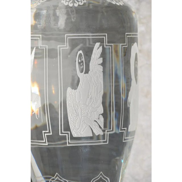 Pair of Large and Heavy Italian Solid Clear Crystal Candlesticks With Etched Art For Sale - Image 10 of 13