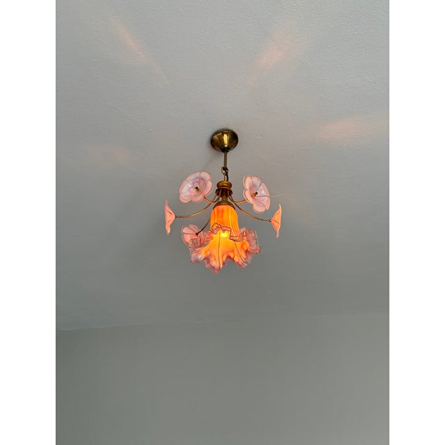 Vintage Murano Glass Ruffled Floral Pendant Light – Pink Swirl & Daisy Shades For Sale - Image 11 of 18