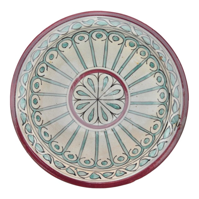 Early 20th Century Teal & Maroon Andalusian-Patterned Ceramic Decorative Bowl For Sale