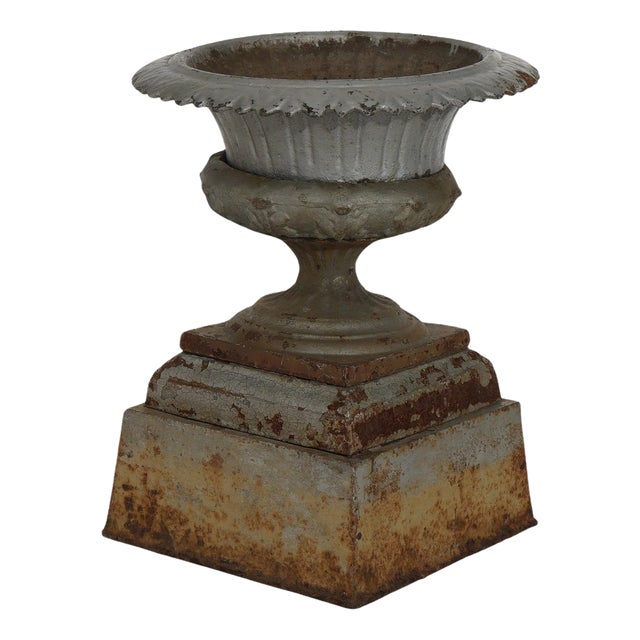 Antique Fiske School Cast Iron Garden Urn On Plinth, Circa 1890 For Sale
