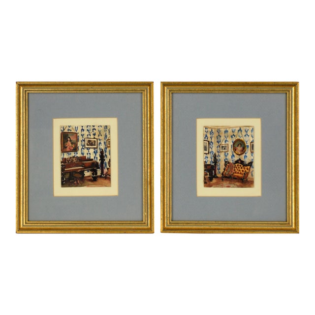 Pair of Interior Scenes of a Victorian Home - Watercolor on Heavy Paper by David Mode Payne For Sale