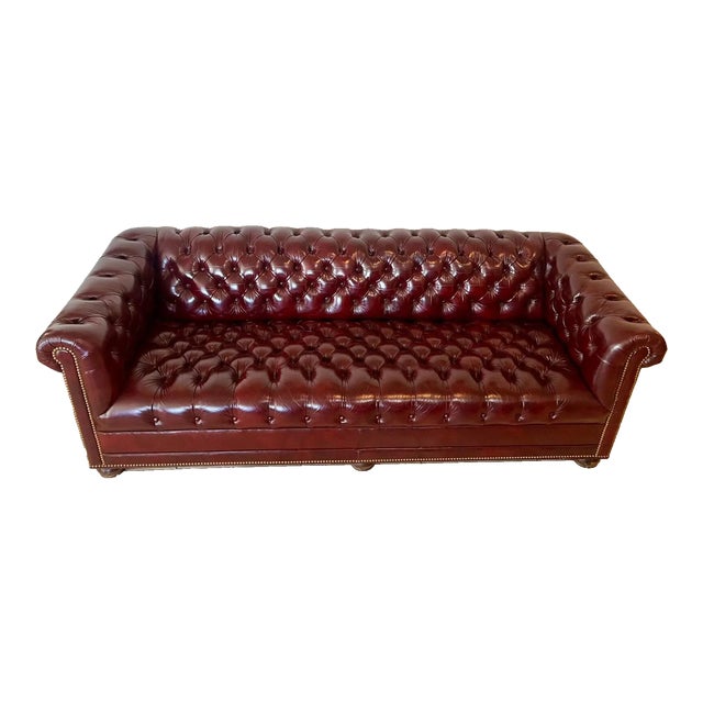 Chesterfield Sofa Hancock & Moore Fine Leather Rolled Arms Tufted Seat Burgundy For Sale
