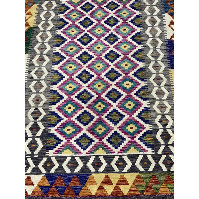 2000 - 2009 4'2" X 5'10" Multicolor Afghan Chobi Geometric Wool Flatweave Kilim Rug For Sale - Image 5 of 16