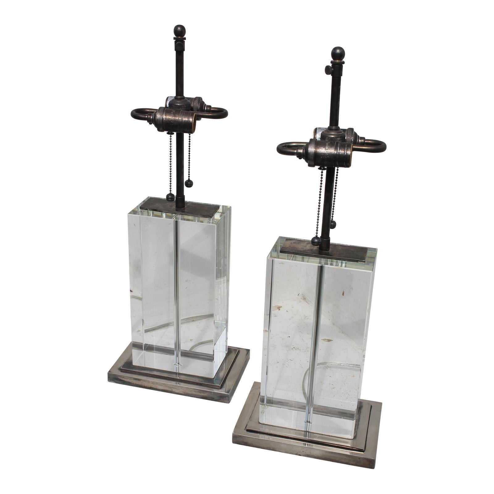 Pair 1970's Italian Modern Solid Glass Block W/ Silver Detailed Heavy