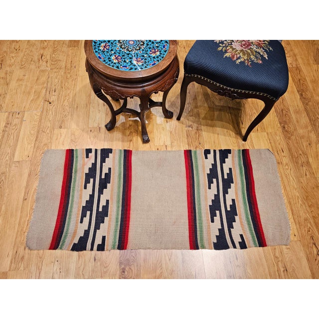 Ecru Vintage Native American Navajo Area Rug, Handwoven Wool, Stripe Pattern,Ivory & Red, 2x4 For Sale - Image 8 of 16