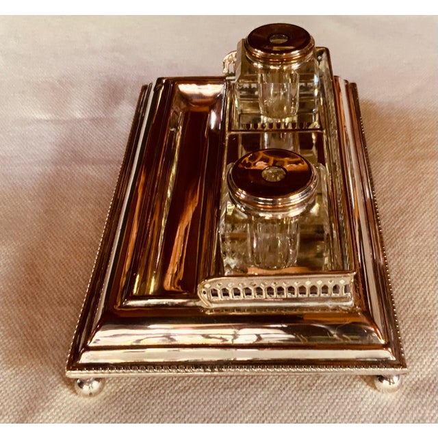 English English Silverplate Desk Set With "Ich Dien" Inkwell & Terrier Accessories, C. 1950 For Sale - Image 3 of 12