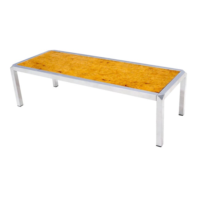 Burl Wood Top Chrome Base and Trim Rectangular Coffee Table For Sale