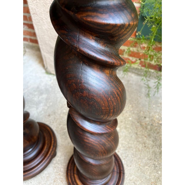 Pair Set of 2 Antique French Pedestal Stand Barley Twist Oak Large Plant Columns For Sale - Image 16 of 18