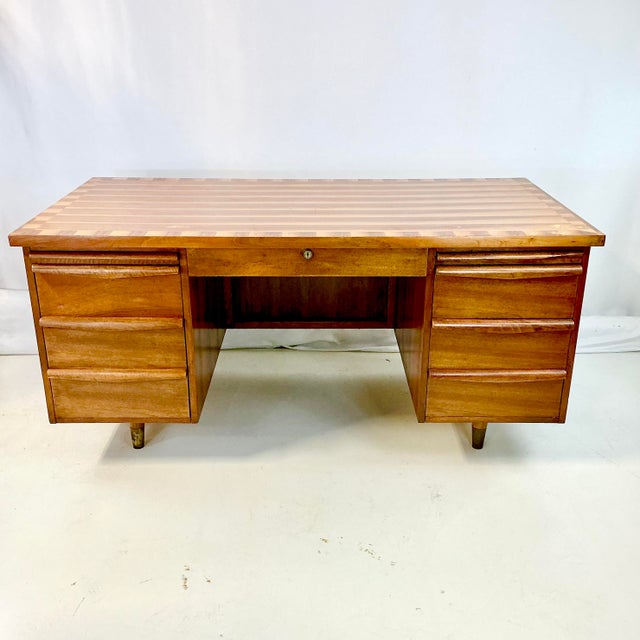 Mid-Century Modern Boho Chic Striped Cedar Top Executive Desk For Sale - Image 4 of 17