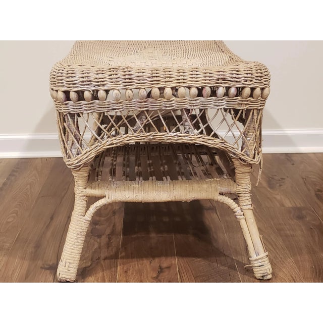 1950s Vintage 2 Tier Wicker Table With Intricate Wood Details in Original Antique Creamy White Paint & a Diamond Design on the Top For Sale - Image 6 of 12