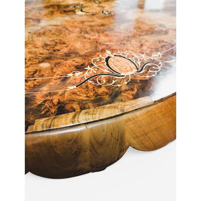 Wood Antique Oval Burlwood Coffee Table With Marquetry Inlay and Scalloped Edge For Sale - Image 7 of 16