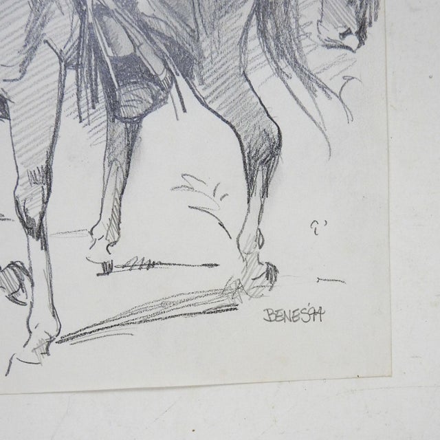 1994 pencil on paper drawing of cowboy on horseback herding cattle. Signed Benes and dated lower right corner. Unframed.