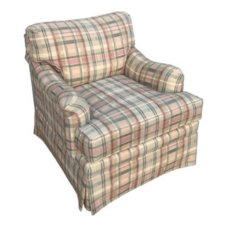 Ethan Allen Traditional Skirted Lounge Chair in Light Pink Plaid For Sale
