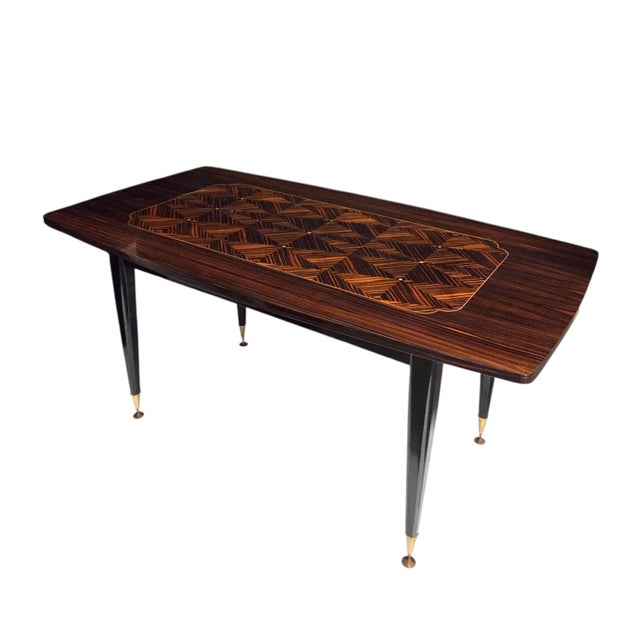 French Mid Century Macassar Ebony Parquetry Inlaid Expandable Dining Room Table W/ Leaves For Sale - Image 12 of 18