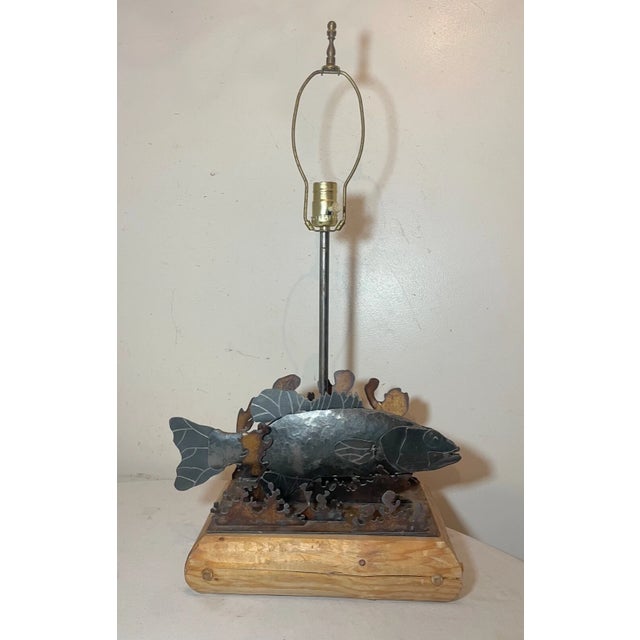 Folk Art Vintage Handmade Folk Art Cut Sculpted Steel Metal Wood Figural Fish Table Lamp For Sale - Image 3 of 12