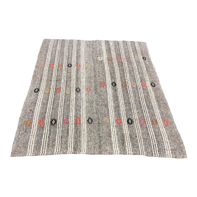 1960s Vintage Turkish Aztec Handmade Floral Patterned Area Kilim Rug- 5′3″ × 6′9″ For Sale