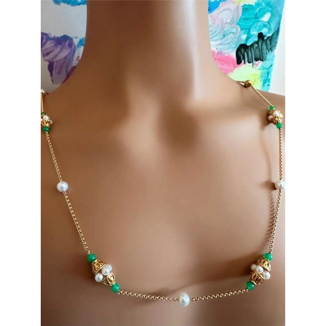 Vintage Mikimoto 18k Yellow Gold Pearl Chalcedony Necklace Details: Stones: With pearls from 6.5mm to 4mm and Green...