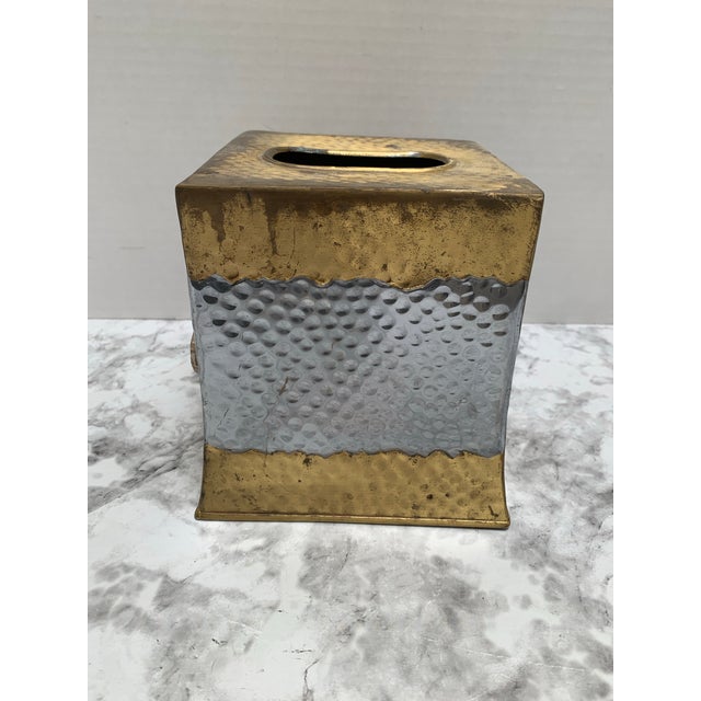 Contemporary Vintage Hammered Brass Tissue Box Cover With Brazilian Agate Stone For Sale - Image 3 of 9