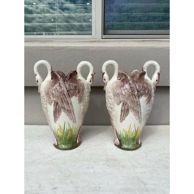 French Majolica Swans Vase Delphin Massier, Circa 1880-A Pair For Sale - Image 9 of 12
