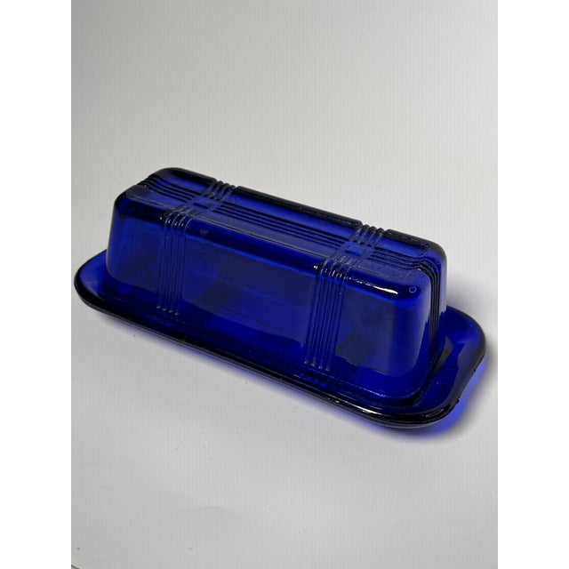 Vintage Art Deco Style Cobalt Blue Glass Depression Glass Butter Dish For Sale - Image 9 of 10